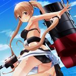  3d alternate_costume armpits ass bikini bikini_skirt black_bikini black_footwear blonde_hair breasts cel_shading cloud day from_below grin highres kantai_collection long_hair looking_at_viewer medium_breasts murasame_(kantai_collection) ocean outdoors outstretched_arm ponpu-chou red_eyes shiny shiny_clothes shoes skirt sky smile smokestack solo standing swimsuit teeth turret twintails upskirt white_skirt 