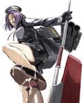  1girl black_gloves breasts cum cum_on_body cum_on_clothes cum_on_lower_body cumdrip femdom from_below from_side glaive gloves hetero kantai_collection large_breasts legs mechanical_halo open_mouth penis polearm purple_eyes purple_hair shoe_soles shoejob shoes simple_background smile takenaka_hideo tatsuta_(kantai_collection) weapon white_background 
