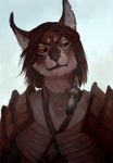  anthro armor clothed clothing feline fur grimace hair male mammal reykat simple_background solo 