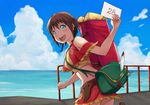  :d amy_(suisei_no_gargantia) bag bare_shoulders blue_eyes blush breasts brown_hair capelet cloud cloudy_sky cowboy_shot crop_top day from_behind holding holding_paper letter looking_at_viewer looking_back matsuse_daichi medium_breasts messenger_bag ocean open_mouth paper railing red_skirt short_hair shoulder_bag shoulder_cutout skirt sky smile solo stomach suisei_no_gargantia teeth 