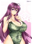  1girl bare_shoulders breasts cleavage covered_navel curvy hair_ribbon huge_breasts long_hair looking_at_viewer murasaki_(senran_kagura) purple_eyes purple_hair senran_kagura smile solo swimsuit wide_hips 