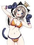  animal_ears armpits ass_visible_through_thighs bikini blue_eyes blush breasts brown_hair cleavage cowboy_shot crown facial_mark fake_animal_ears gloves head_tilt highres hood love_live! love_live!_school_idol_festival love_live!_sunshine!! medium_breasts mini_crown navel open_mouth paw_gloves paw_pose paws round_teeth rozen5 short_hair simple_background solo swimsuit tail teeth watanabe_you white_background 