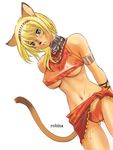  animal_ears bikini blonde_hair breasts cat_ears final_fantasy final_fantasy_xi green_eyes jewelry medium_breasts mithra necklace orange_sarong red_sarong robina sarong solo swimsuit tail underboob wet 