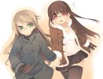  :&lt; ahoge arima_senka arima_senne bad_id bad_pixiv_id brown_eyes brown_hair coat flying_sweatdrops glasses gloves green_eyes holding_hands kashiwamochi_yomogi long_hair multiple_girls original siblings sisters skirt thighhighs zettai_ryouiki 