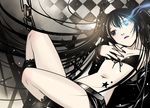  bad_id bad_pixiv_id black_hair black_nails black_rock_shooter black_rock_shooter_(character) boots bra burning_eye chain detached_sleeves fingernails glowing glowing_eye green_eyes hands highres lingerie long_fingernails long_hair midriff nail_polish navel_piercing piercing solo twintails underwear xr650r 