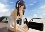  akiyama_mio bad_id bad_pixiv_id bangs black_hair blunt_bangs breasts brown_eyes car cloud day desert g_tong ground_vehicle headphones hime_cut k-on! left-hand_drive lingerie long_hair motor_vehicle negligee nipple_slip nipples on_vehicle sitting sky small_breasts solo strap_slip underwear 