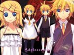  1girl adolescence_(vocaloid) alternate_hairstyle bare_shoulders blonde_hair blue_eyes brother_and_sister camisole cendrillon_(vocaloid) child collarbone dress frilled_dress frills hair_ornament hairclip holding kagamine_len kagamine_rin mary_janes messy_hair necktie official_art pigeon-toed sad sailor_dress shoes short_hair short_necktie short_twintails shorts siblings smile song_name spaghetti_strap tamura_hiro twins twintails vocaloid worried younger 