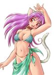  animal_ears aqua_sarong bikini cat_ears collar copyright_request ebifly fangs long_hair no_panties purple_hair red_eyes sarong striped striped_sarong swimsuit 