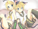  1girl animal_ears bad_id bad_pixiv_id blonde_hair blue_eyes blush brother_and_sister cat_ears cat_tail detached_sleeves hair_ornament hairclip headset kagamine_len kagamine_rin maruki_(punchiki) shorts siblings tail twins vocaloid 