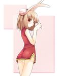  animal_ears blush brown_hair bun_cover bunny_ears china_dress chinese_clothes copyright_request double_bun dress jirou_(chekoro) panties pantyshot pantyshot_(standing) red_eyes short_hair solo standing underwear white_panties 