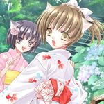  2girls amber_eyes animal_ears black_hair cat_ears fang flower hydrangea japanese_clothes kimono lowres multiple_girls nekomimi pony_tail ponytail purple_eyes short_hair snail violet_eyes yellow_eyes 