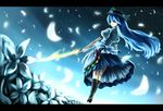  bad_id bad_pixiv_id banned_artist blue_hair boots bow dutch_angle energy_sword flower food fruit hat hinanawi_tenshi large_bow letterboxed long_hair looking_back night paseri peach petticoat red_eyes smile solo standing sword touhou weapon 