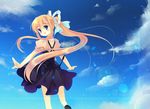  air blonde_hair blue_eyes blush kamio_misuzu lens_flare light_smile long_hair looking_back outstretched_arms outstretched_hand ponytail ribbon shinia solo spread_arms very_long_hair 