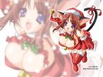  800x600 animal_ears bell boots bow breasts brown_hair cat_ears cat_tail christmas dress elbow_gloves gloves hat large_breasts nekomimi purple_eyes ribbon santa santa_costume tail thigh_highs thighhighs violet_eyes xmas 