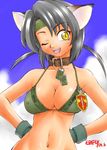  ;d animal_ears arms_behind_back belt_collar bikini breasts cat_ears cleavage collar copyright_request covered_nipples dated day dog_tags ebifly fangs gloves green_bikini grey_hair large_breasts looking_at_viewer one_eye_closed open_mouth signature silver_hair smile solo swimsuit yellow_eyes 
