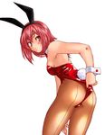  adjusting_clothes adjusting_leotard animal_ears ass breasts bunny_ears bunnysuit kamia_(not_found) kasuga_aya leotard long_hair original pantyhose red_eyes red_hair red_leotard small_breasts solo 