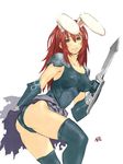  :| animal_ears breasts bunny_ears closed_mouth covered_nipples dagger grey_eyes jamadhar kanda_(ura-kanda) long_hair medium_breasts one-piece_swimsuit pauldrons ragnarok_online red_hair simple_background skirt solo swimsuit thighhighs weapon white_background 