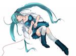  aqua_eyes aqua_hair boots collarbone eto hatsune_miku highres long_hair lying on_back red_string snow solo string thighhighs twintails very_long_hair vocaloid 