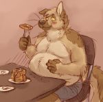  anthro belly berlin big_belly blush brown_fur canine chair chubby_cheeks claws clothed clothing dog eating food fork fur german_shepherd holding_object male mammal overweight overweight_male plate sitting smile solo squish table tan_fur topless waffle 