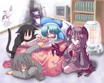  ahoge animal_ears black_hair brown_hair cat_ears food fruit green_hair grey_hair hat kotatsu long_hair mandarin mandarin_orange nekomimi pony_tail ponytail purple_hair short_hair table wings 