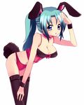  animal_ears bent_over black_legwear bunny_ears bustier higurashi_no_naku_koro_ni lingerie panties ponytail red_panties solo sonozaki_mion subaru_(yachika) thighhighs underwear 