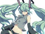  aqua_eyes aqua_hair barcode detached_sleeves hair_ornament hatsune_miku long_hair midriff navel nayu necktie shirt simple_background sleeveless sleeveless_shirt solo thighhighs twintails very_long_hair vocaloid 