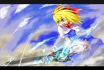  blonde_hair blue_eyes bow capelet hair_bow letterboxed long_hair shanghai_doll solo sword taker_(flamestorm) touhou wallpaper weapon 