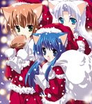  :d animal_ears bag blue_eyes blue_hair brown_hair cat_ears christmas fang food green_eyes grey_hair long_hair multiple_girls open_mouth santa_costume shikigami_azuma smile snow 