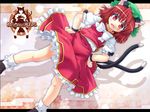 animal_ears bobby_socks brown_hair cat_ears cat_tail chen dutch_angle earrings etogami_kazuya fang hands_on_hips hat highres jewelry multiple_tails open_mouth red_eyes short_hair single_earring smile socks solo tail touhou wallpaper 