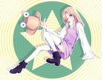  bad_id bad_pixiv_id blonde_hair blue_eyes boots colorized eyes hat hat_removed headwear_removed highres mikazuki_sara moriya_suwako one_eye_closed shiren_(monochrome_structure) short_hair smile solo thighhighs touhou 