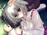  1280x960 animal_ears blush blushing dog_ears green_eyes inumimi japanese_clothes lying miko short_hair wallpaper white_hair 