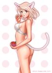  animal_ears artist_name ass blonde_hair bottomless bowl bra breasts cat_ears cat_girl cat_tail cowboy_shot eyebrows_visible_through_hair food fruit holding holding_bowl holding_food holding_fruit lingerie medium_breasts original parted_lips pink_eyes polka_dot polka_dot_background ryu_(ryu's_former_site) short_hair solo strawberry tail underwear white_background white_bra 