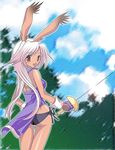  animal_ears artist_request ass black_panties blush brown_eyes bunny_ears epee fencer final_fantasy final_fantasy_tactics_advance gloves open_mouth panties rapier side-tie_panties solo standing sword underwear viera weapon white_hair wind wind_lift 