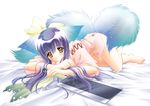  animal_ears barefoot bed_sheet blue_hair blush bottomless bow feet fox_ears highres japanese_clothes koma_(tail_tale) long_hair louis&amp;visee lying multiple_tails no_panties smile solo sword tail tail_tale torn_clothes weapon yellow_eyes 
