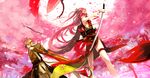  1girl armpits back bad_id bad_pixiv_id blonde_hair commentary_request flower from_behind garter_belt highres japanese_clothes kaninn katana kunai long_hair original petals pink_hair red_eyes side_slit sword very_long_hair weapon 