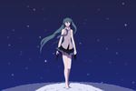  banned_artist bare_shoulders barefoot blue_hair closed_eyes hands happy harano hatsune_miku holding holding_shoes legs long_hair necktie open_mouth shoes skirt smile solo star twintails very_long_hair vocaloid walking 