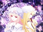  bad_id bad_pixiv_id blonde_hair bow bug butterfly fan hair_bow hat insect kai_aki long_hair multiple_girls pink_eyes pink_hair purple_eyes ribbon saigyouji_yuyuko short_hair touhou yakumo_yukari 