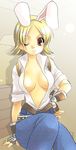  animal_ears blacksmith_(ragnarok_online) blonde_hair breasts brown_eyes bunny_ears gloves medium_breasts no_bra non-web_source one_eye_closed open_clothes open_shirt ragnarok_online shirt sleeves_rolled_up solo 