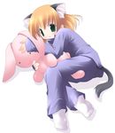  animal_ears cat_ears copyright_request green_eyes kagura_yuuki long_sleeves orange_hair pajamas socks solo stuffed_animal stuffed_bunny stuffed_toy tail 