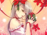  copyright_request flower frills gift hidari_(left_side) holding holding_gift long_hair poinsettia ribbon solo upper_body wallpaper white_canvas 