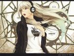 absurdres audio-technica copyright_request gradient_hair hand_on_own_chest headphones highres jacket long_hair multicolored_hair music open_mouth orange_eyes product_placement scan silver_hair singing solo tenka_sanbun very_long_hair 