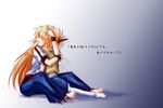  barefoot comforting hand_on_another's_head hazuki_kasane horn hoshiguma_yuugi hug mizuhashi_parsee multiple_girls orange_hair tears touhou translated wallpaper 