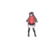  animated animated_gif black_hair black_legwear black_skirt bow brown_footwear cross fate/stay_night fate_(series) full_body kicking loafers long_sleeves panties pantyshot pantyshot_(kicking) pleated_skirt print_shirt red_shirt shirt shoes skirt solo thighhighs toosaka_rin transparent_background turtleneck two_side_up underwear white_panties 