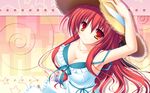  77 breasts cleavage hat highres large_breasts long_hair mikagami_mamizu red_eyes red_hair solo straw_hat wallpaper 