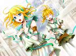  1girl blonde_hair blue_eyes brother_and_sister closed_eyes hair_ornament hairclip kagamine_len kagamine_rin music ribbon siblings singing twins vocaloid wool_(kurokrkr) 