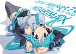  aqua_hair arched_back arms_up bare_shoulders blue_eyes breasts detached_sleeves expressionless hatsune_miku headphones headset katochin_(skpresents) large_breasts long_hair lying necktie on_back open_mouth skirt solo thighhighs twintails upside-down very_long_hair vocaloid zettai_ryouiki 