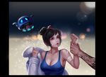  1girl arm_grab bandaged_arm bandages bandaid bandaid_on_face black_border black_hair blue_background blue_shirt blurry bokeh border breasts brown_eyes cleavage coat collarbone depth_of_field dragon_tattoo floating fur_trim gradient gradient_background grey_background hair_bun hair_ornament hair_stick hanzo_(overwatch) highres large_breasts lips lipstick looking_at_another looking_to_the_side makeup mei_(overwatch) nose out_of_frame overwatch parted_lips realistic red_lipstick robot sanmeosore_ryuuebi shirt short_hair snow snowball_(overwatch) tank_top tattoo undressing upper_body 