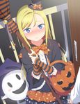  blonde_hair blue_eyes blush bow broom closed_mouth door dress dutch_angle eyebrows eyebrows_visible_through_hair frills ghost halloween hat hat_bow highres holding holding_broom jack-o'-lantern long_hair mini_hat mini_top_hat nose_blush open_door orange_bow original out_of_frame pov pov_hands print_bow print_ribbon railing ribbon smile solid_oval_eyes solo_focus star star_print top_hat uma_(uma1111) witch witch_hat 
