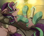  2016 blush clitoris clothed clothed_feral clothing cutie_mark equine female feral friendship_is_magic fur glowing hair hioshiru horn legwear lying magic mammal multicolored_hair my_little_pony on_back open_mouth pussy pussy_juice sex_toy solo starlight_glimmer_(mlp) striped_legwear stripes unicorn 