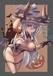  arm_strap ass_visible_through_thighs bat black_gloves border breasts castle chestnut_mouth colo_mag-chan covered_navel demon_wings english garter_straps gloves granblue_fantasy groin hair_between_eyes halloween hat highres horns jack-o'-lantern kakumayu large_breasts leaning_forward long_hair looking_at_viewer orange_eyes original outside_border silhouette silver_hair star star_print thigh_gap thighhighs triangle_mouth trick_or_treat very_long_hair wings witch_hat 
